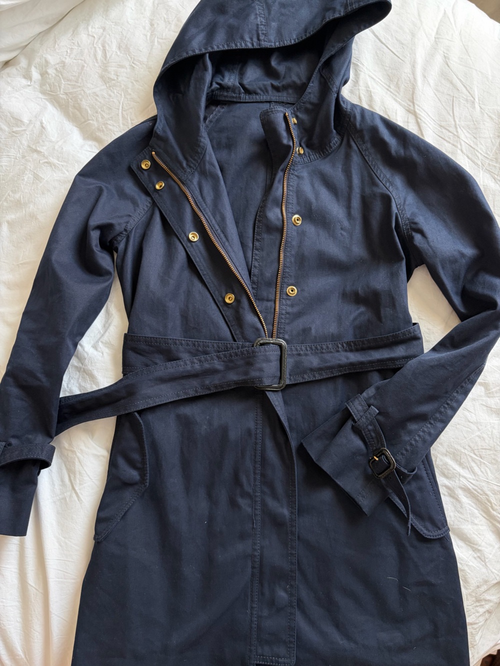 J. Crew Hooded Navy Belted Trench Coat